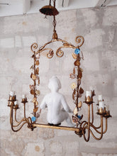 Load image into Gallery viewer, Excpt. XL Italian Mid-Century Gilt Iron Cherub Floral Chandelier Ceiling 10light