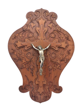 Load image into Gallery viewer, Antique French Crucifix Wood Plaque Religious Cross Frame RARE 19th Jesus
