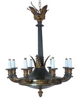 Load image into Gallery viewer, HUGE Antique French 8 Arms Ormolu Bronze Tole Chandelier Ceiling Empire 19TH