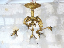 Load image into Gallery viewer, Excpt Large French Gilded Bronze Louis XV Rococo Chandelier 5 fires Shades 19TH
