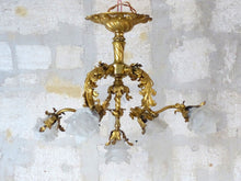 Load image into Gallery viewer, Excpt Large French Gilded Bronze Louis XV Rococo Chandelier 5 fires Shades 19TH