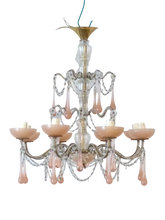 Load image into Gallery viewer, OMG Antique Chandelier PINK Opaline Drops Cup Beads 1930 MURANO RARE 8 lights