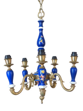 Load image into Gallery viewer, Charming Vintage 1950 Ceramic Cobalt Blue Chandelier Gilded metal 5 lights