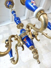 Load image into Gallery viewer, Charming Vintage 1950 Ceramic Cobalt Blue Chandelier Gilded metal 5 lights
