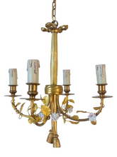 Load image into Gallery viewer, French Antique Bronze Louis XVI Chandelier Porcelain Flowers Ribbon Foliage 1930