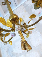 Load image into Gallery viewer, French Antique Bronze Louis XVI Chandelier Porcelain Flowers Ribbon Foliage 1930