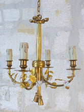 Load image into Gallery viewer, French Antique Bronze Louis XVI Chandelier Porcelain Flowers Ribbon Foliage 1930