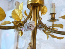 Load image into Gallery viewer, French Antique Bronze Louis XVI Chandelier Porcelain Flowers Ribbon Foliage 1930