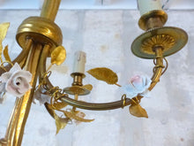 Load image into Gallery viewer, French Antique Bronze Louis XVI Chandelier Porcelain Flowers Ribbon Foliage 1930