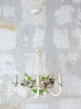Load image into Gallery viewer, Charming Florentine Chandelier Painted Metal Tole Flowers 60's Italian Cage