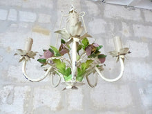 Load image into Gallery viewer, Charming Florentine Chandelier Painted Metal Tole Flowers 60's Italian Cage