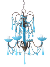 Load image into Gallery viewer, Antique Chandelier Aqua Blue Opaline Drops Cup Beads 1940 MURANO RARE 4 lights