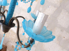 Load image into Gallery viewer, Antique Chandelier Aqua Blue Opaline Drops Cup Beads 1940 MURANO RARE 4 lights