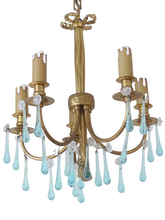 Load image into Gallery viewer, Charming French Vintage Bronze Louis XVI Chandelier Blue Glass Drops Ribbon 1970