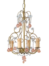 Load image into Gallery viewer, Vintage Chandelier Pink Drops Flowers Prisms Beads Italian Gilded 4 Lights 1940