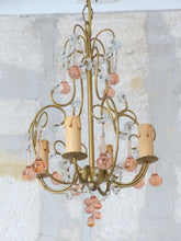 Load image into Gallery viewer, Vintage Chandelier Pink Drops Flowers Prisms Beads Italian Gilded 4 Lights 1940