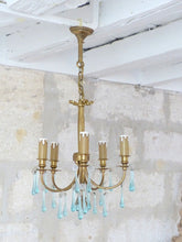 Load image into Gallery viewer, Charming French Vintage Bronze Louis XVI Chandelier Blue Glass Drops Ribbon 1970