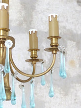 Load image into Gallery viewer, Charming French Vintage Bronze Louis XVI Chandelier Blue Glass Drops Ribbon 1970
