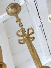 Load image into Gallery viewer, Charming French Vintage Bronze Louis XVI Chandelier Blue Glass Drops Ribbon 1970