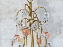 Load image into Gallery viewer, Vintage Chandelier Pink Drops Flowers Prisms Beads Italian Gilded 4 Lights 1940
