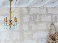 Load image into Gallery viewer, Charming French Vintage Bronze Louis XVI Chandelier Blue Glass Drops Ribbon 1970
