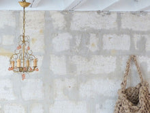 Load image into Gallery viewer, Vintage Chandelier Pink Drops Flowers Prisms Beads Italian Gilded 4 Lights 1940