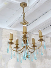 Load image into Gallery viewer, Charming French Vintage Bronze Louis XVI Chandelier Blue Glass Drops Ribbon 1970