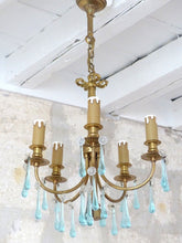 Load image into Gallery viewer, Charming French Vintage Bronze Louis XVI Chandelier Blue Glass Drops Ribbon 1970