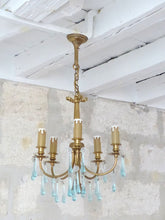 Load image into Gallery viewer, Charming French Vintage Bronze Louis XVI Chandelier Blue Glass Drops Ribbon 1970