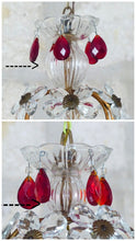 Load image into Gallery viewer, Gorgeous RARE PAIR Ceiling Cage Chandelier Red Prisms Flowers Murano 1930 Bagues