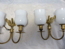 Load image into Gallery viewer, Vintage PAIR French Empire Wall Light Opaline RARE 2 Light Swan Bronze 1950