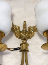Load image into Gallery viewer, Vintage PAIR French Empire Wall Light Opaline RARE 2 Light Swan Bronze 1950