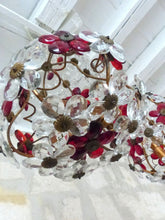 Load image into Gallery viewer, Gorgeous RARE PAIR Ceiling Cage Chandelier Red Prisms Flowers Murano 1930 Bagues