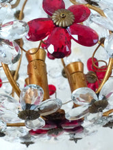 Load image into Gallery viewer, Gorgeous RARE PAIR Ceiling Cage Chandelier Red Prisms Flowers Murano 1930 Bagues