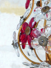 Load image into Gallery viewer, Gorgeous RARE PAIR Ceiling Cage Chandelier Red Prisms Flowers Murano 1930 Bagues