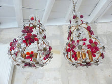 Load image into Gallery viewer, Gorgeous RARE PAIR Ceiling Cage Chandelier Red Prisms Flowers Murano 1930 Bagues