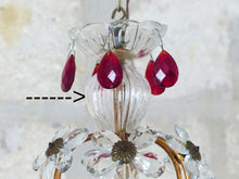 Load image into Gallery viewer, Gorgeous RARE PAIR Ceiling Cage Chandelier Red Prisms Flowers Murano 1930 Bagues