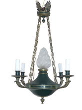 Load image into Gallery viewer, Antique French 4 Arms Ormolu Bronze Brass Tole Chandelier Ceiling Empire 19TH