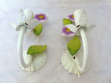 Load image into Gallery viewer, Charming Florentine PAIR Wall Light Enameld Metal Tole Flowers 1970 Italian