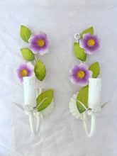 Load image into Gallery viewer, Charming Florentine PAIR Wall Light Enameld Metal Tole Flowers 1970 Italian