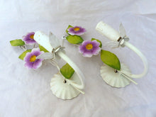 Load image into Gallery viewer, Charming Florentine PAIR Wall Light Enameld Metal Tole Flowers 1970 Italian