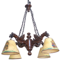 Load image into Gallery viewer, Large Vintage French Carved Wood Gothic Chimera Chandelier 6 Lights Gargoye 1950