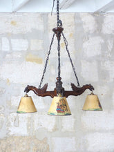 Load image into Gallery viewer, Large Vintage French Carved Wood Gothic Chimera Chandelier 6 Lights Gargoye 1950
