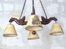 Load image into Gallery viewer, Large Vintage French Carved Wood Gothic Chimera Chandelier 6 Lights Gargoye 1950