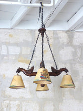 Load image into Gallery viewer, Large Vintage French Carved Wood Gothic Chimera Chandelier 6 Lights Gargoye 1950