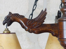 Load image into Gallery viewer, Large Vintage French Carved Wood Gothic Chimera Chandelier 6 Lights Gargoye 1950
