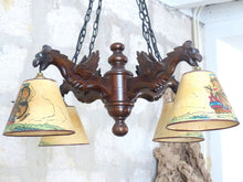 Load image into Gallery viewer, Large Vintage French Carved Wood Gothic Chimera Chandelier 6 Lights Gargoye 1950
