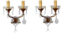 Load image into Gallery viewer, Gorgeous PAIR Vintage Wall Light Sconces glass Drops Gilded Metal Italy 1950's