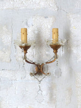Load image into Gallery viewer, Gorgeous PAIR Vintage Wall Light Sconces glass Drops Gilded Metal Italy 1950's