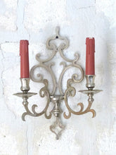 Load image into Gallery viewer, RARE Antique PAIR French Louis XIII Wall Light Sconce 2 Light Tinned Bronze 1920